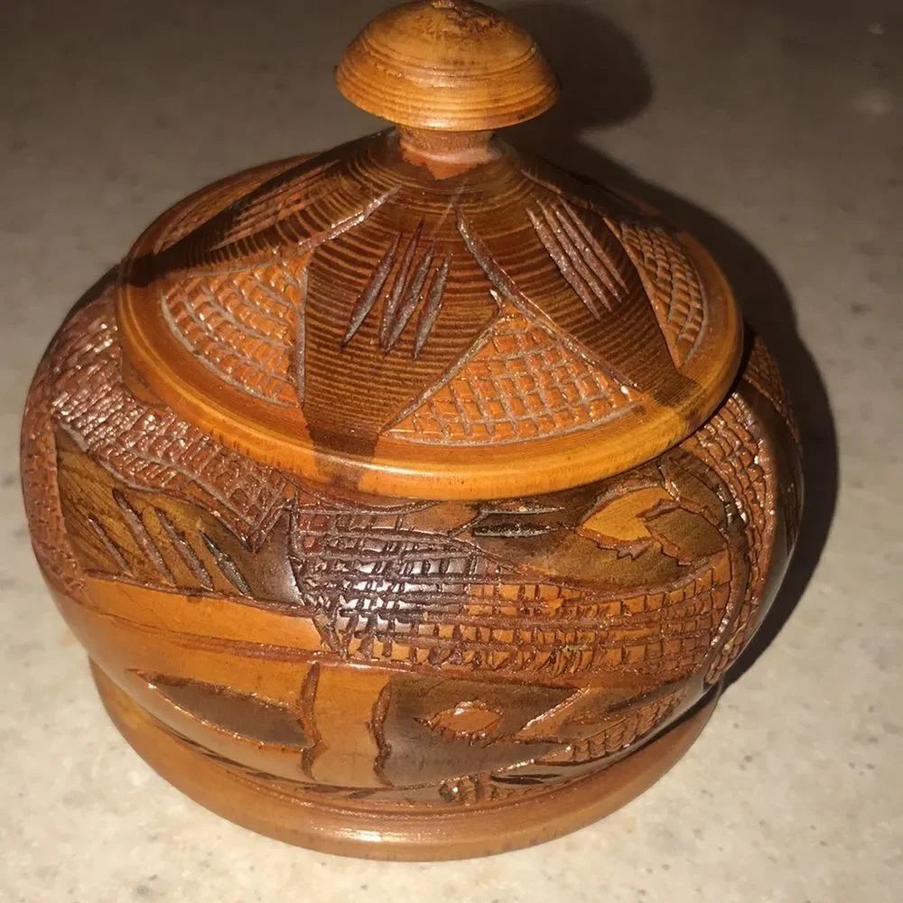 Small Handmade Carved Wood Jar
